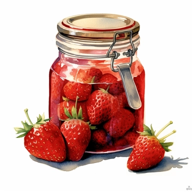 This highly detailed watercolor clipart showcases a charming jar filled with delicious strawberry preserves on a pristine white background. The artwork captures the essence of these sweet and tangy preserves with remarkable precision. The jar is meticulously rendered, highlighting its glass texture, lid, and label. The vibrant red color of the preserves is depicted with depth and richness, enticing viewers with its mouthwatering appeal. Against the clean white backdrop, this clipart exudes a sen