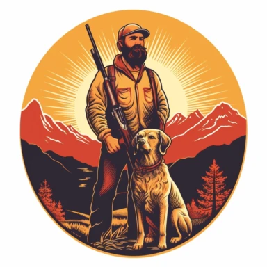 bearded hillbilly, holding rifle, hunting dog, hills, sun, clipart style