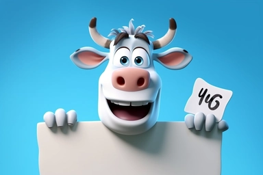 character cartoon cow with banner in clipart 3d image, in the style of unreal engine 5, natalia rak, movie still, matte photo, lightbox, relief, white and cyan