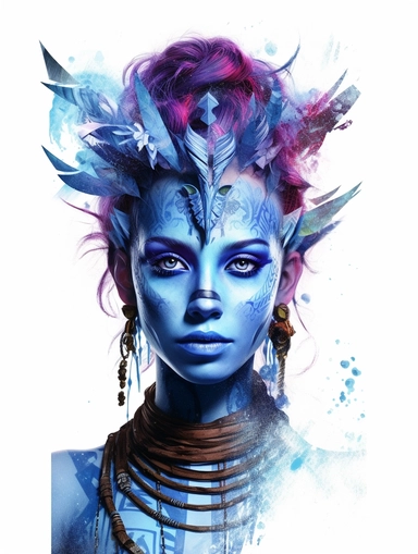 avatar character,blue and purple, clipart png, realistic, digital painting, WHITE BACKGROUND, fantasy style, realistic, painting, watercolor, 8k, ultra details,