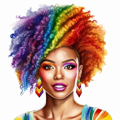 black African American woman with rainbow afro portrait clipart, watercolor style, hyper realistic, detailed, white background