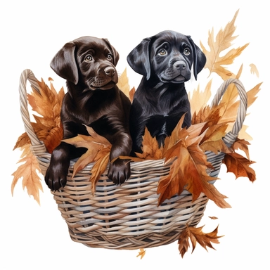 black and chocolate labrador retriever puppies in basket with leaves, watercolor illustration, clipart, full body, hyper-realistic animal illustration, childlike, free brushwork, white background