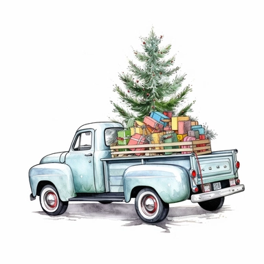 High resolution Let it snow, Beautiful decorated christmas tree in the back of a pickup, grid, contemporary diy, white background, mixed patterns, realistic, scrapbook, high resolution, , style by Lucy Fleming, watercolor, smooth gradients, black contour