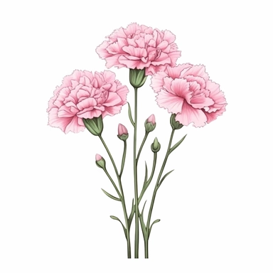 Charming pink carnation clipart against a clean white background. The illustration features a cluster of pink carnation flowers with ruffled petals and slender stems. The color palette includes shades of delicate pink and touches of green. The white background creates a contemporary and minimalist setting, allowing the carnations to stand out. The lighting is soft and diffused, highlighting the flowers' intricate details and creating a sense of elegance. The atmosphere exudes a feeling of charm 