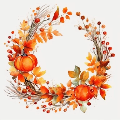 one fall wreath watercolor clipart on a white background watercolor , in the style of rural america, high resolution, sarah purser, rural life scenes, large canvases, illustration, celebration of rural life , no watermark, text, words, paintbrush, 300 DPI, typography, the images do not stick together, no text in the picture