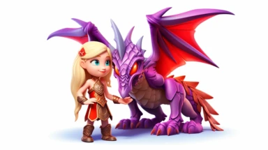 two shot of full body human blonde viking woman humanoid in full gear petting her Cute Beautiful 3d winged baby red fire dragon quadruped that's Standing, Vector Sublimation Clipart, Cartoon, disney infinity art style, hyper realistic, in-game model, intricate detail, illustration style, high solution, on the white background, dozens of purple crystal gems on the floor