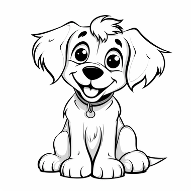 simple happy dog drawn for a preschool class as black-and-white computer clipart, white background, no shadow, similing, nice