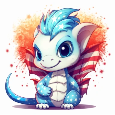 illustration of cute baby dragon in read white and blue american flag colors, fireworks, 4th of july, clipart svg, white background