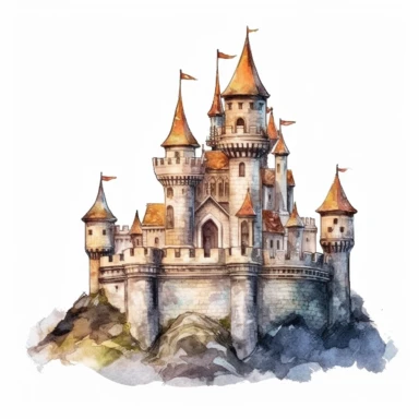 one castle Watercolor clipart on a white background, in the style of realistic and hyper-detailed rendering, muralist, distressed material, uhd image, ps1 graphics, detailed character design, large scale murals, no watermark, text, 300 DPI , typography, shapes do not stick together, no text in the picture, on a white background