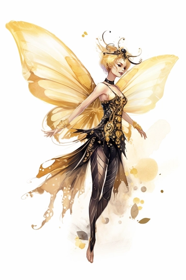a watercolor of a pixie with butterfly style wing, Victorian Style, golden and black nuances, vector free clipart illustration, in the style of unreal engine 5, 32k uhd, detailed features, white background