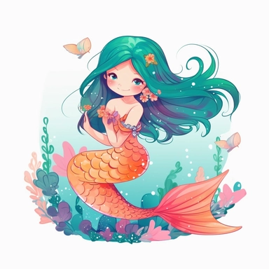 beauitful mermaid, full body and fish fin tail, kawaii, anime, cartoon, colorful, clipart, white background