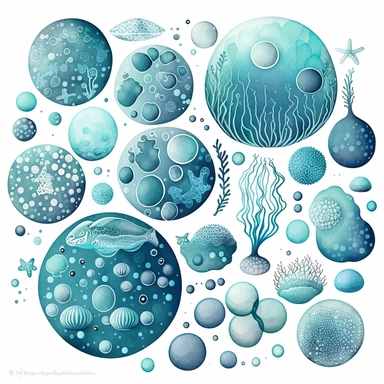 sea bubbles clipart, in the style of muted and subtle tones, cartoon, close up, booru, wimmelbilder, hand-painted details, charming characters, thick texture, blue hues