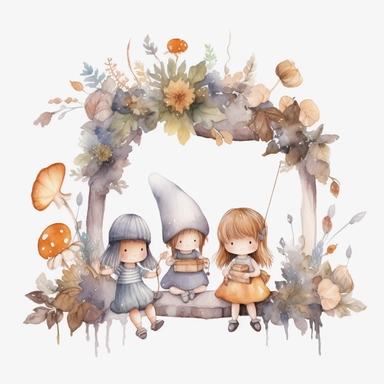 Create a delightful clip art scene featuring a white background with a watercolor grey and light brown hanging banner of leaves and flowers. Sitting on the ground is a group of fairies, having a party and smiling. The scene is filled with mushrooms, flowers and grey leaves, rendered in a gentle watercolor style that evokes a sense of whimsy and childlike wonder. The overall effect is one of joy and happiness, perfect for use in a nursery.