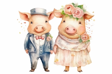 Watercolor clipart of pig in clothes, bride and groom style of Michael Thomas, HD on white backround