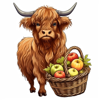 Highland cow with a basket of freshly-picked apples, full body, clip art, detailed, cute, bold, bright, colorful, vector art, clean, neat, white background