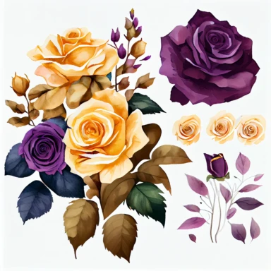one group of detailed roses clipart ,the colors are Mustard Yellow and Deep Purple arranged clipart, watercolor, 8k, white blank background