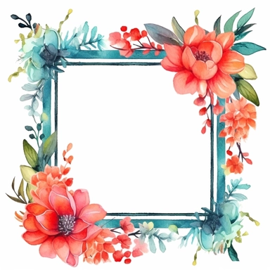 Upscaling image #1 with watercolor clipart of a empty suttle dainty floral rectangle frame surrounded by turquoise color flowers and coral color flowers. Capture the essence of blooming beauty and intricate details in your artwork, white background