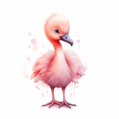 a captivating watercolor clipart image with a white background, showcasing a baby flamingo with long, skinny legs and a round body, its soft pink feathers and playful stance capturing the charm and elegance of kawaii baby birds.