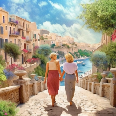 panoramic view, full view, landscape, two beautiful older female best friends with blonde hair walking side by side not holding hands facing forward smiling and chatting, beautiful faces, along a cobblestone walkway in a beautiful mediterranean town with view of beautiful blue water, cascading bougavanelia, beautiful summer day, illustration clipart, photo realistic, romantic, fantasy, ethereal, sharp focus, high detail,