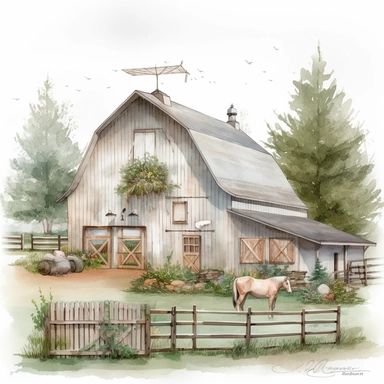 pretty white painted barn clipart, painted white, pretty charming farmyard setting with plants trees and farm accessories, fence, detailed watercolor illustration, light color palette, farmyard accessories, isolated on white background