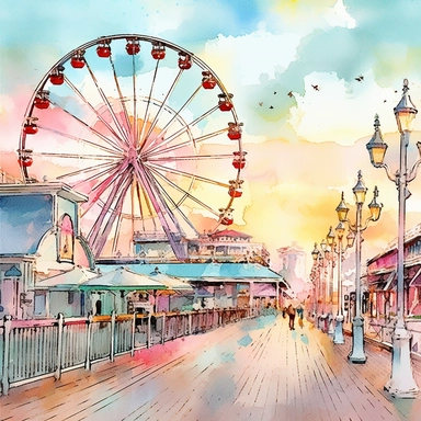 professional high quality clipart design of watercolor and ink New Jersey boardwalk scene with ferris wheel, cotton candy, and art nouveau details, professional clipart, closeup shot, bright pastel color palette of pink, lavender, teal blue, and light orange and pale green, epic composition on white background, 8k,