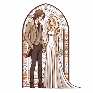 clipart with thick outline, gothic wedding, bride has blonde hair, groom has brown hair, pastel gothic, colored cartoon style, clipart, contour, vector, solid white background