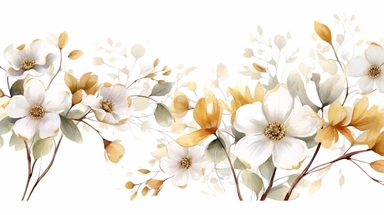 Watercolor clipart of delicate golden dogwood flowers, branches and leaves, on white background