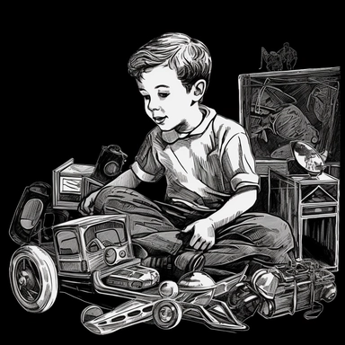 sketch clipart of 20s poster boy playing with toys, hd, white on black background, spaced out,--ar 3:2