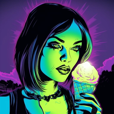 Illustrate a clipart image showcasing a goth woman with radiant eyes that shine brightly eating a glow in the dark, neon, ice cream on a cone. Use a rich and diverse color palette to enhance her appearance, and ensure the image is detailed and crisp. The background should be pure white