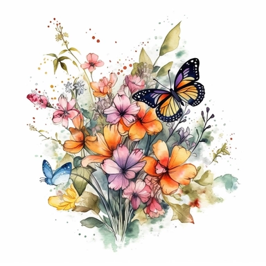 bright watercolor wild floral and butterflies clip art design for wedding invitations with a thick black outline and white background