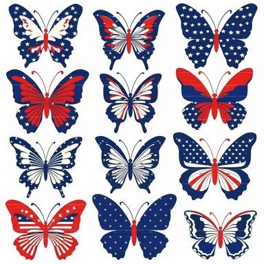 patriotic butterfly clipart, a collection of vibrant clipart illustrations, featuring butterflies with a patriotic theme, depicted with wings resembling the American flag, using bold and patriotic colors such as red, white, and blue, perfect for adding a touch of patriotism to designs, suitable for greeting cards, posters, or digital artworks,