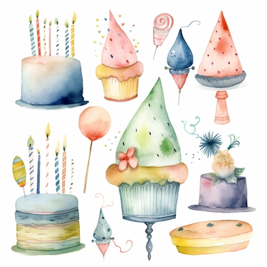 clipart, clip art, doodles, drawings, birthday, birthday cake, birthday hat, birthday decorations, hand painted, watercolor, soft colors, nursery, white background, simple style, high definition, 8k