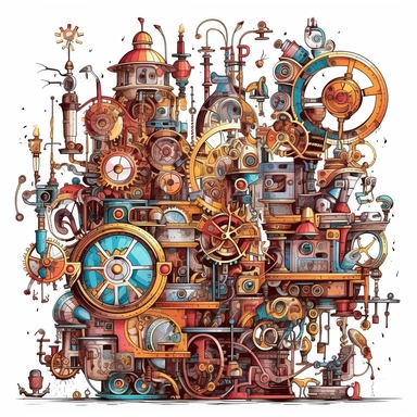 Clipart. White background: In a bustling workshop adorned with shelves of magical artifacts and complex machinery, a collection of whimsical steampunk contraptions takes center stage. Gears, cogs, and valves intertwine with enchanting symbols, infusing the mechanical devices with the power of magic. The foreground showcases the intricate details and fantastical designs of the contraptions, each one uniquely crafted and powered by the whimsical fusion of magic and steampunk aesthetics. The backgr