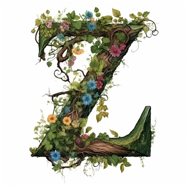 vintage letter Z Made Of Tree with vines wrapped around, flowers. moss clings to, illustration clipart, high detailed, white background, digital art