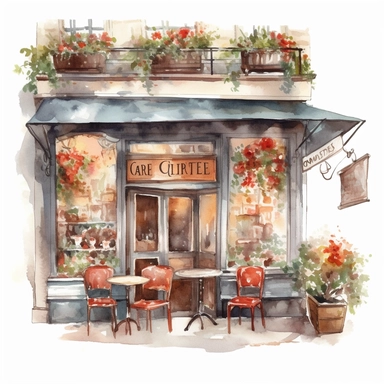 watercolor Spring Coffee shop clipart, romantic french cafe illustration, A sharp photograph of an expensive, on white background