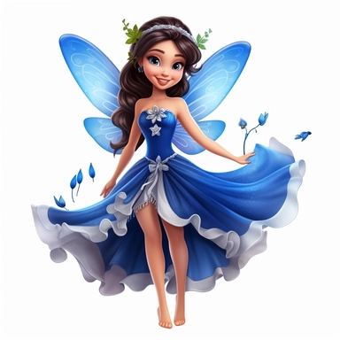 a beautiful smiling fairy girl, royal blue dress, big fairy wings, lovely butterflies all around her, pixar style, full body image, clipart, white background