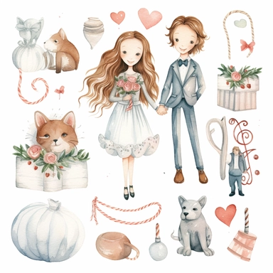 Wedding rings tied with a ribbon, cute wedding illustrations clipart set, ILLUSTRATIONS FOR THE BOOK, cartoon elements, different variants, girl with long hair in a wedding veil, wedding, husband and wife Love, Hearts balloons, veil, garland, wooden elements, sit on a bench, on the car, white transparent background separate elements with a margin Watercolor