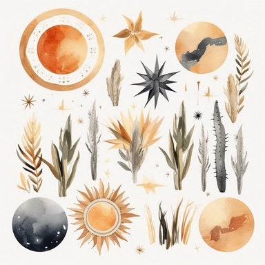 Watercolor clipart of a Boho Chic collection, including botanical elements, celestial bodies like the sun and moon, geometric designs, and earth-toned abstract shapes