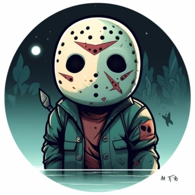 clipart of a cute little Jason (from Friday the 13th), circle background