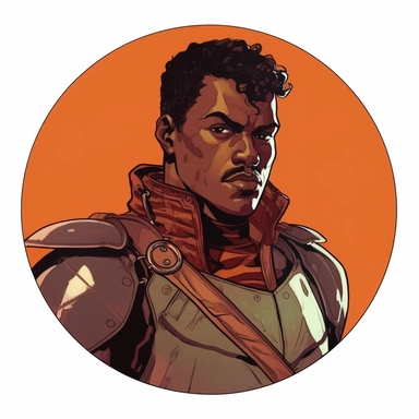 A Dungeons & Dragons character portrait circular tondo depicting a dark-skinned desert onsen knight, Craig Mullins Ashley Wood Mike Allred Josh Kirby, Mad Max Lord of the Rings Discworld, handpainted punk zine indie retrowave, clipart illustration, circular solid background circular border