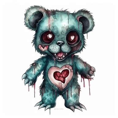 Hand drawn zombie stuffed bear, glowing eyes, heart stitched on chest cutesy goth, shades of teal and burgundy, glamorous, Halloween, full body, very detailed and realistic, watercolor, white background with margins, clipart style