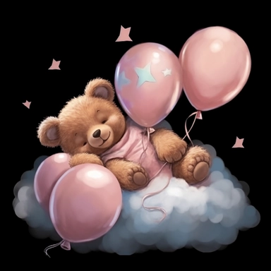 a smiling sleeping brown baby teddybear laying on a cloud, wearing a pink bib, tied in pink and white balloons, clipart, black background