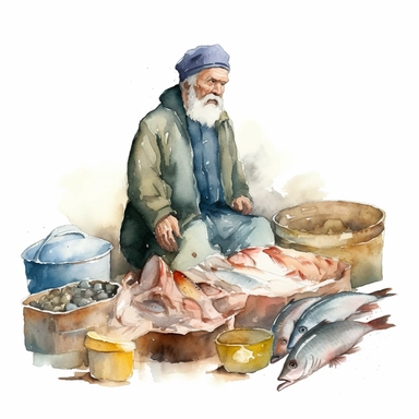 an old man selling fish in the market, ancient egipht, clipart, watercolor, no lettering, no image noise, white background