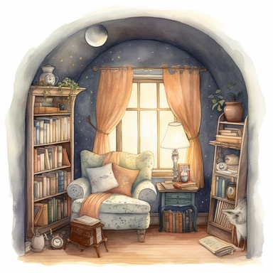 watercolour vintage reading nook in a corner of a room, the area is dark and next to a window through which you can see the moon glowing, soft light illuminates the area, the scene has a fantasy magical feeling about it with lots of small piles of books, a whimsical png image that can be used as clipart with white around the edges