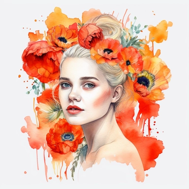 watercolor A woman's face, full body, Poppies - Poppies are bright red or orange flowers with delicate, papery petals. They are often associated with fields of wildflowers and warm summer days. with flowers and leaves adorning her hair. hair up with flowers vividly bold designs png Full body realistic cartoon in 32K UHD cute. 15 cm thick outline. Black color. There was no shadow on the ground. 8k with realistic watercolors. and detailed illustrations. PNG clipart, transparent white background
