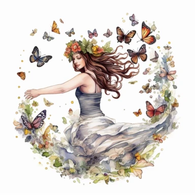 watercolor, hyper realistic, white background, white margins, 16k, ultra detailed clipart, cut out image, hand-drawn, whimsical a lady with a flower crown, twirling in a meadow as butterflies flutter around her in a whimsical dance