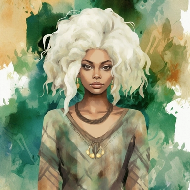 boho fantasy female elf afro clipart, beautiful, white and tan hair with beautiful glittery clothing in deep greens and tan and brown, and splashy watercolour background and pointy ears