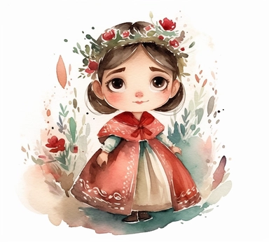 cute adorable little Hungarian princess character watercolor clipart, full body, disney, pixar