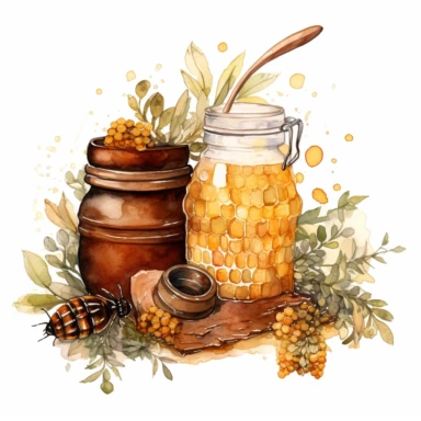 a watercolor clipart, vector of honey in the style of vintage imagery, decorative paintings, subtle shading, nature core, muted colors, craftcore, on a white background, uhd image