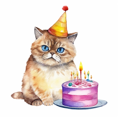 Watercolor, clip art, a Exotic Shorthair cat wearing a party hat and eating cake, birthday, happy face, isolated on a white background